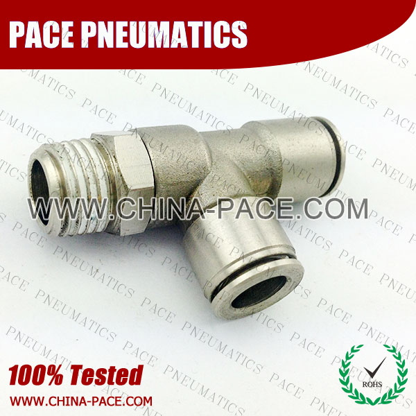 Male Run Tee Pneumatic Fittings, Air Fittings, one touch tube fittings, Nickel Plated Brass Push in Fittings
